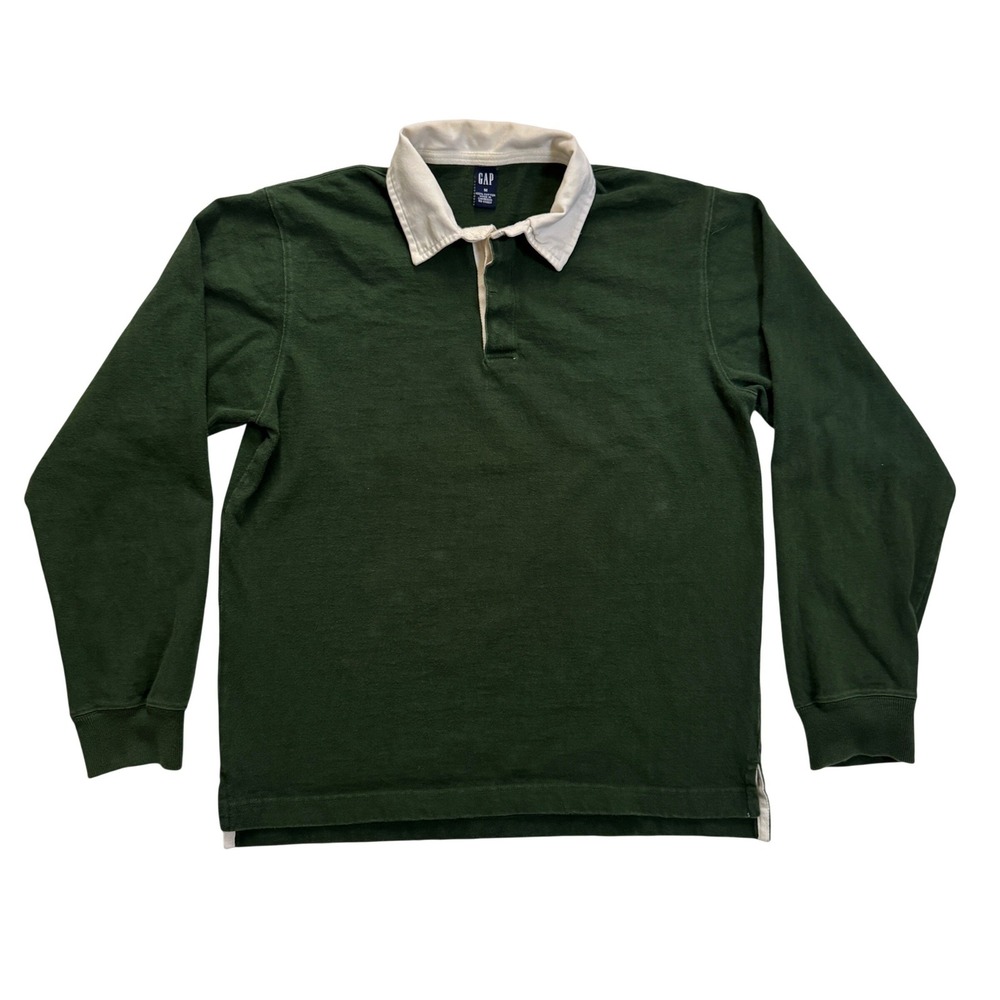 Y2K Gap Rugby Shirt Medium Green Long Sleeve 100% Cotton White Collar Vintage